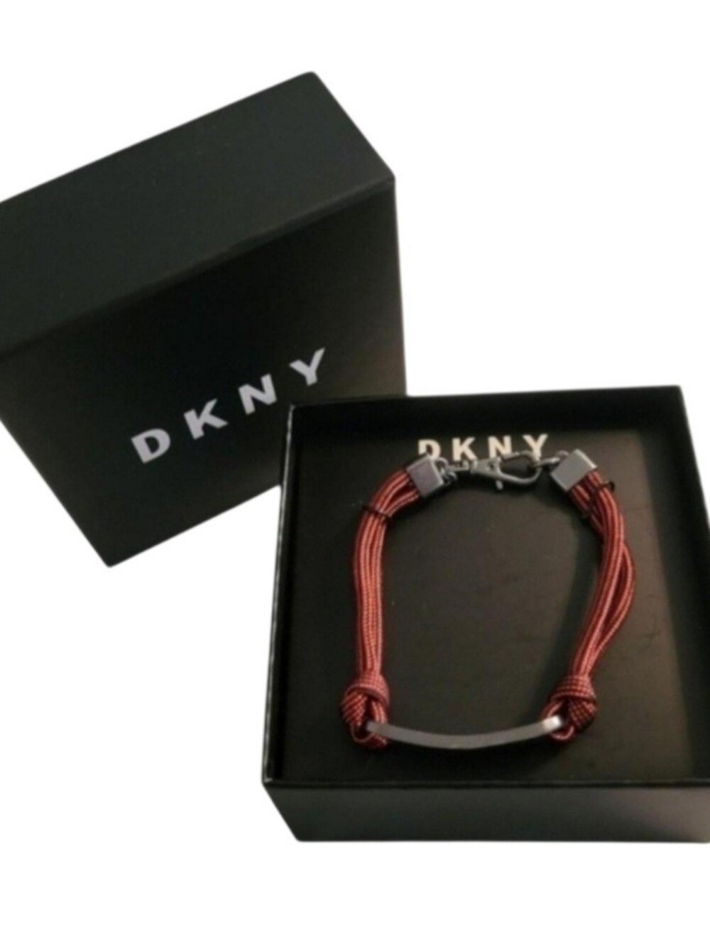 NEW DKNY Men's Hematite-Tone Burgundy Cord Logo ID Bracelet